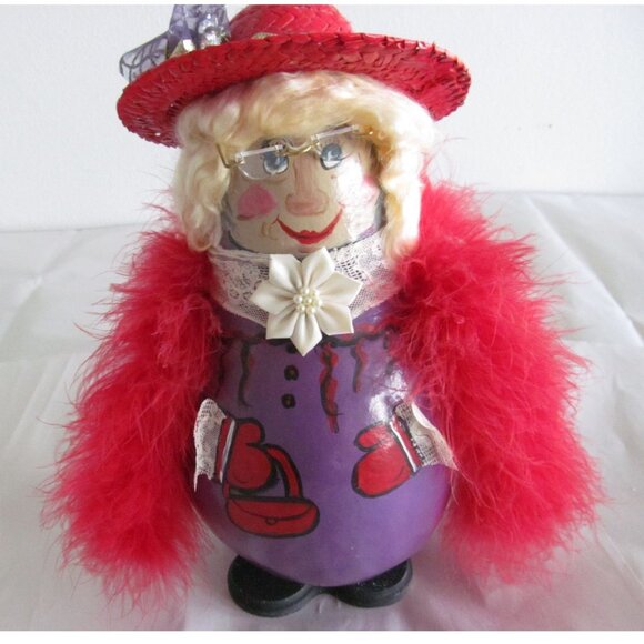Handcrafted Red Hat Society Lady with Feather Boa Decorative Doll Gourd Figure - Picture 11 of 11